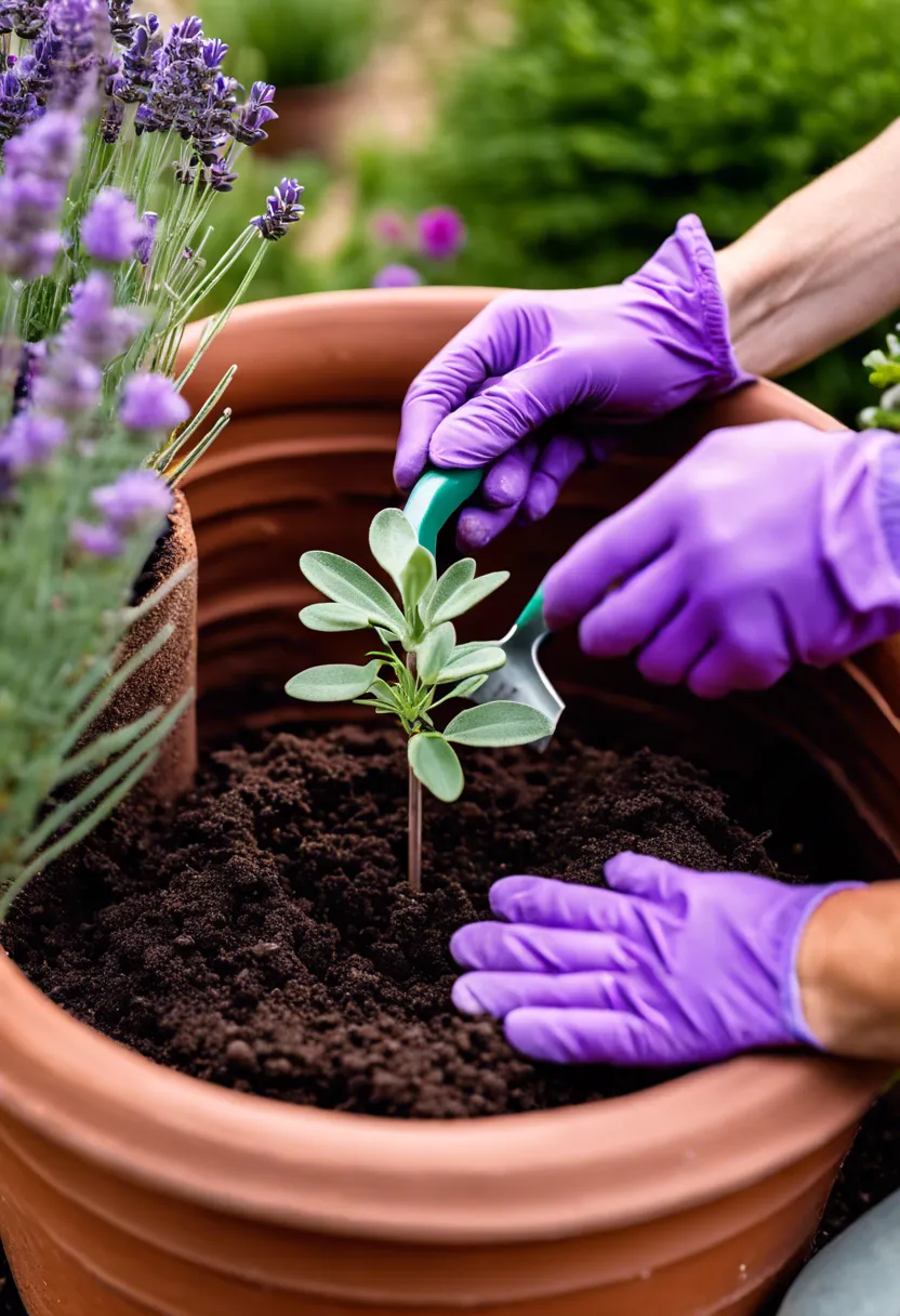 "Gloved hands carefully planting a young 'Phenomenal' Lavender with purple flowers in a terracotta pot, surrounded by gardening tools."