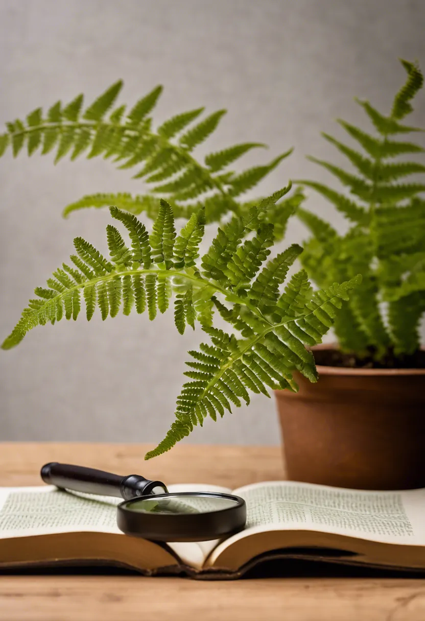 "Close-up of a fern with browning leaves on a wooden table, magnifying glass and fern care guidebook nearby."