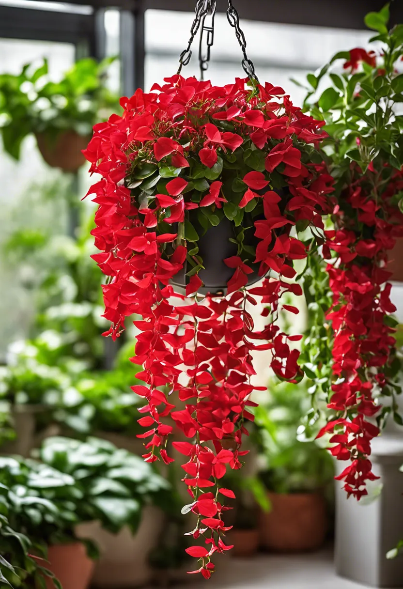 "Lush lipstick plant with glossy green leaves and vibrant red flowers hanging in a well-lit indoor setting with a humidifier in the background."