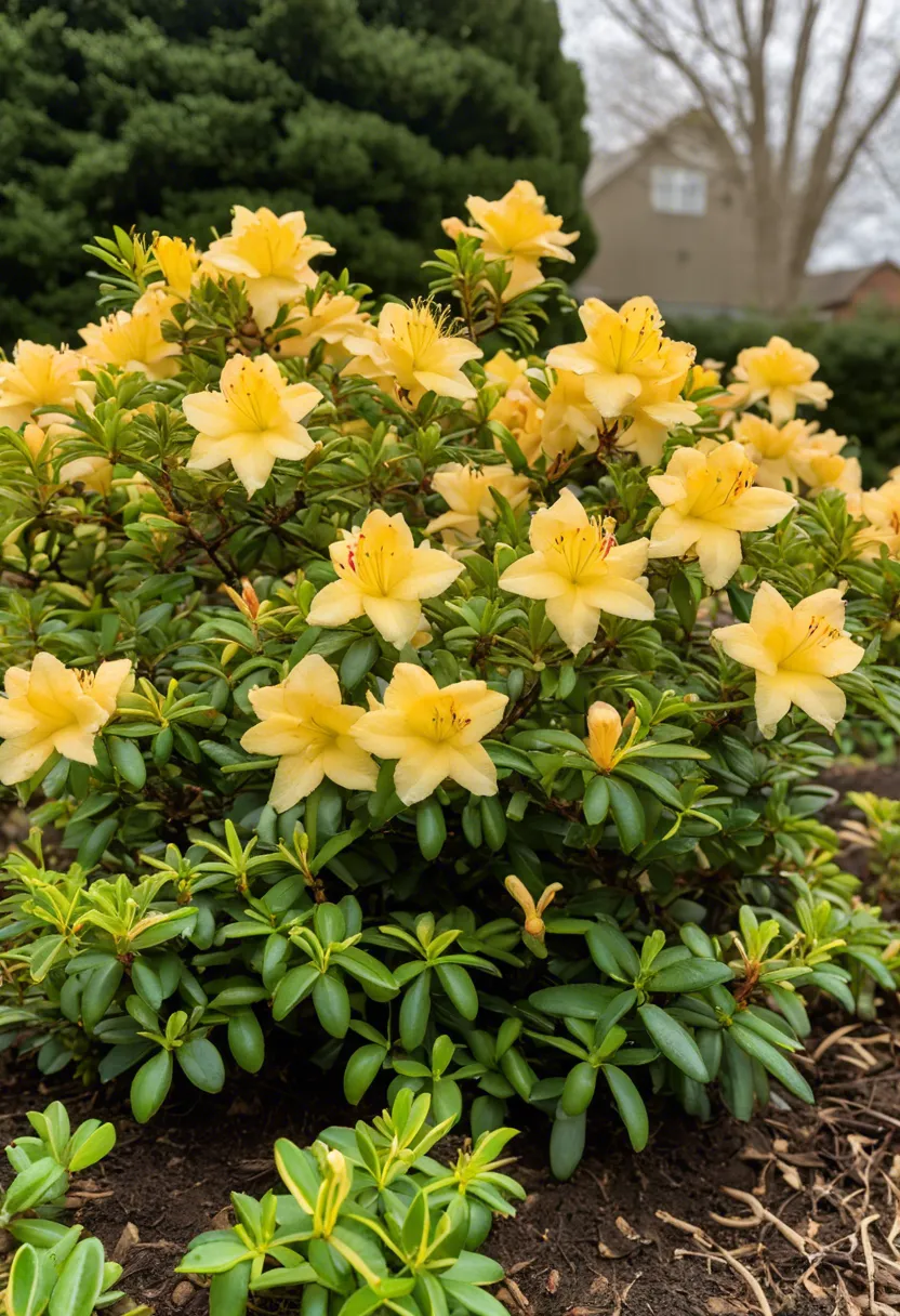 "Azalea bush with sparse blooms and yellow leaves, a bottle of plant food and soil testing kit nearby."