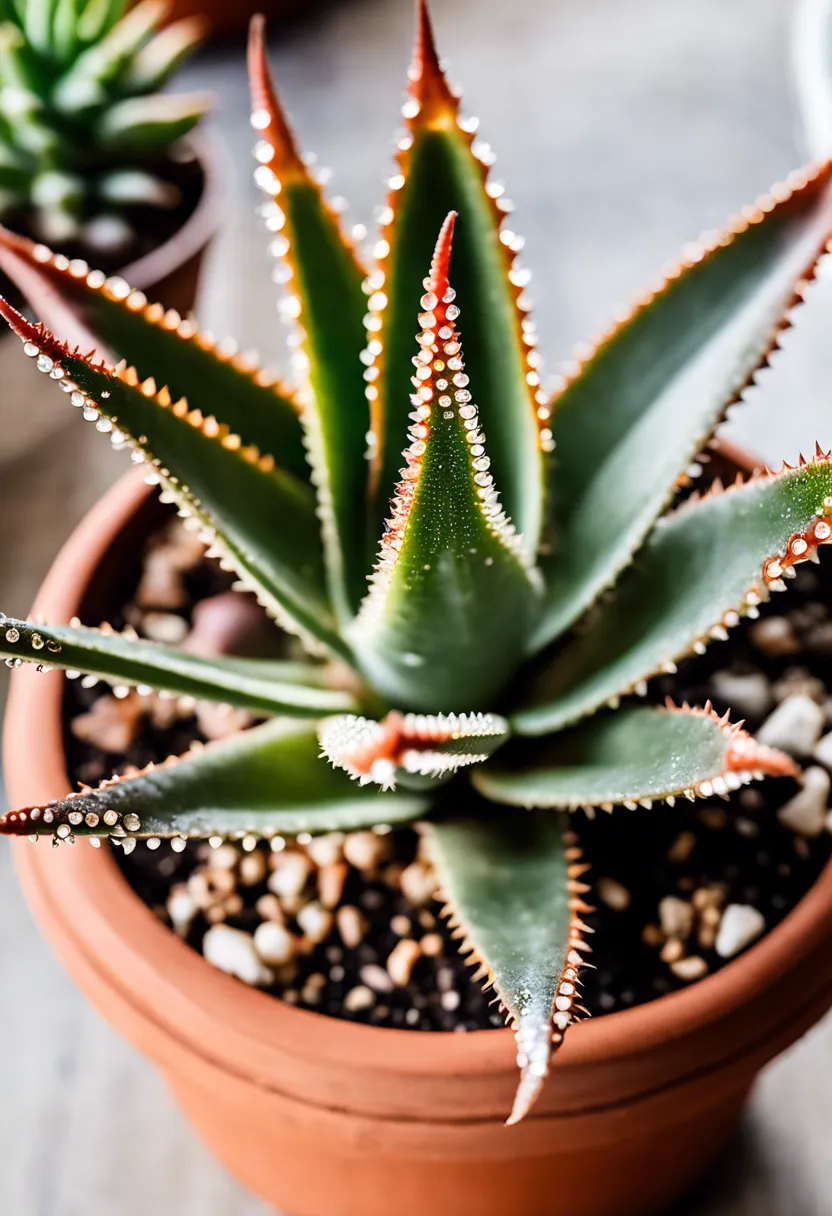 "Close-up of a Jewelled Aloe plant in a terracotta pot, with its triangular leaves and white teeth edges, on a wooden surface."