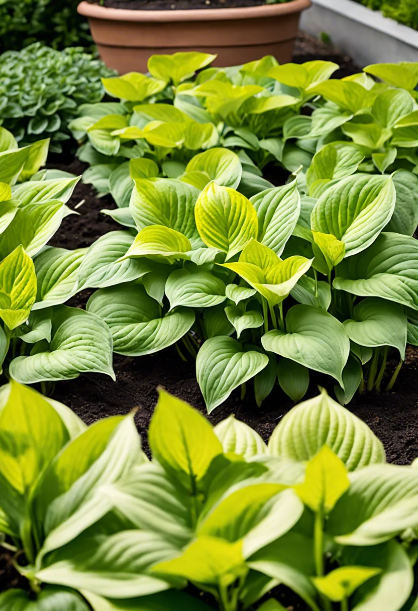 "Hostas at different growth stages with a measuring tape indicating planting distance, and gardening tools nearby."