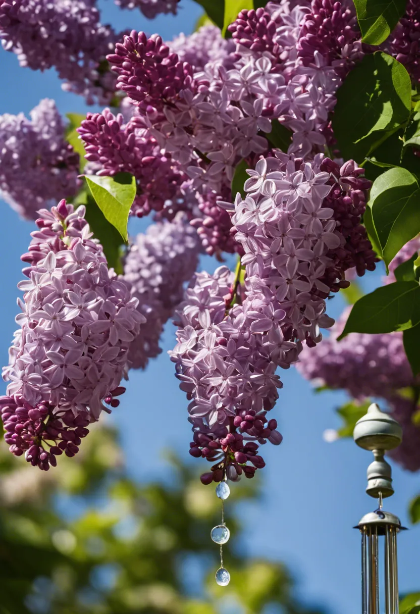 "Close-up of a vibrant lilac bush in full sun and a wilting one in shade, with wind chime and rain gauge."