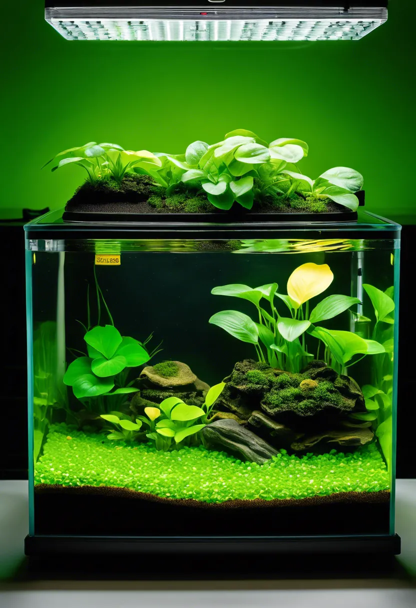 "Indoor aquascape with Anubias plants showing yellowing leaves, a pH testing kit and liquid fertilizer beside the tank."
