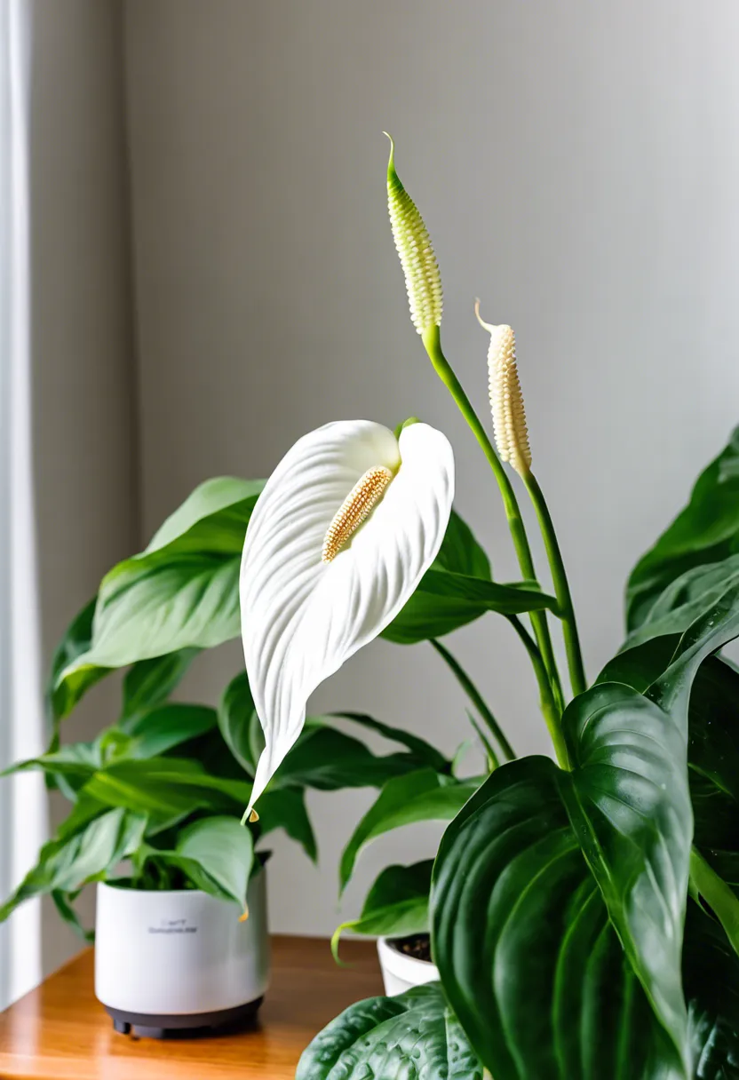 "Drooping peace lily plant next to a healthy one in a bright indoor setting, with a magnifying glass and plant health guidebook nearby."