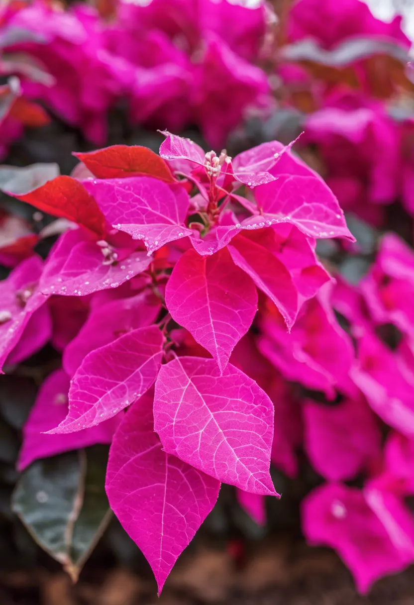 "Bougainvillea with pink blossoms prepared for winter in a frosty garden, with protective materials and a thermometer."