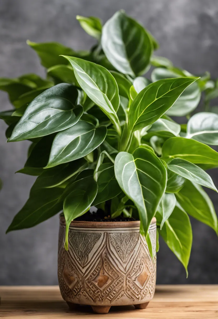 "Healthy Exotic Angel Plant in a decorative pot on a wooden table, surrounded by care tools like a moisture meter, pruning shears, and plant fertilizer."