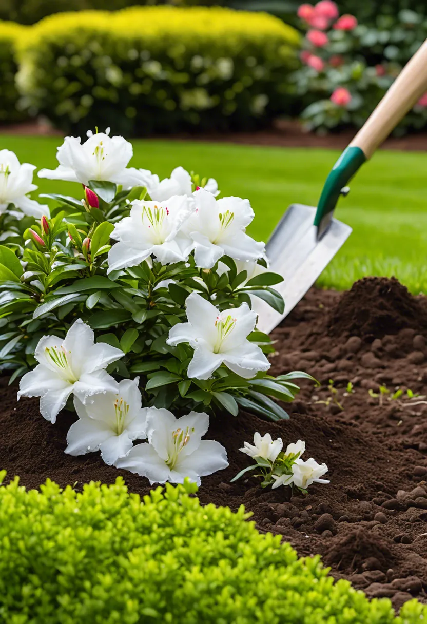 "Freshly planted white azalea bush in a serene garden, with gardening gloves and a trowel on the grass nearby."