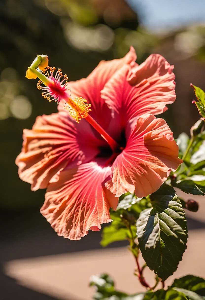 "Close-up of a vibrant hibiscus plant with blooming and closed flowers, under natural sunlight, with a digital thermometer and light meter nearby."