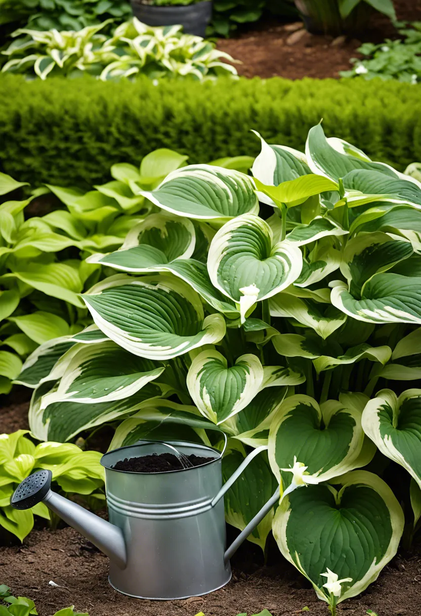 "Watering can mid-action, pouring water onto a lush hosta plant with vibrant green leaves in a shaded garden."