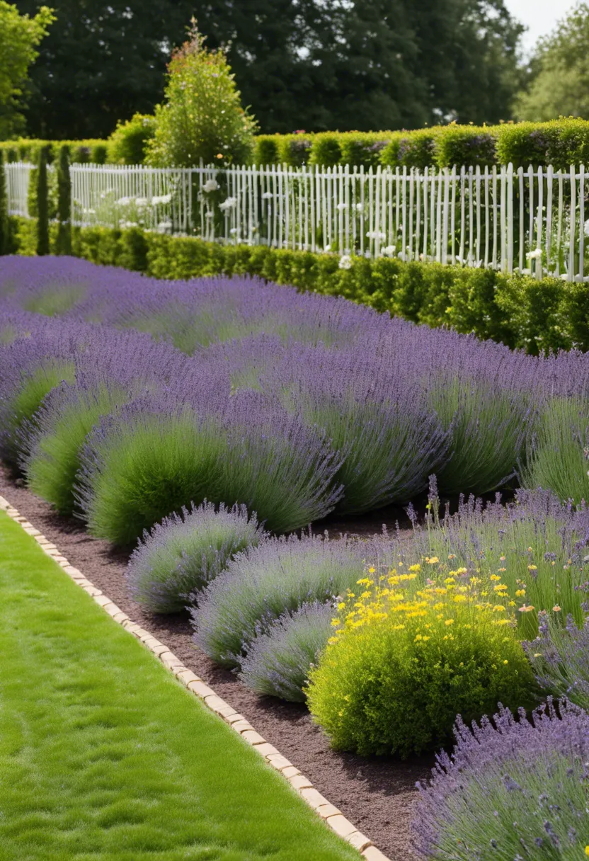 "Lush lavender hedge in full bloom with even spacing, a tape measure on the ground, and an open gardening guidebook."