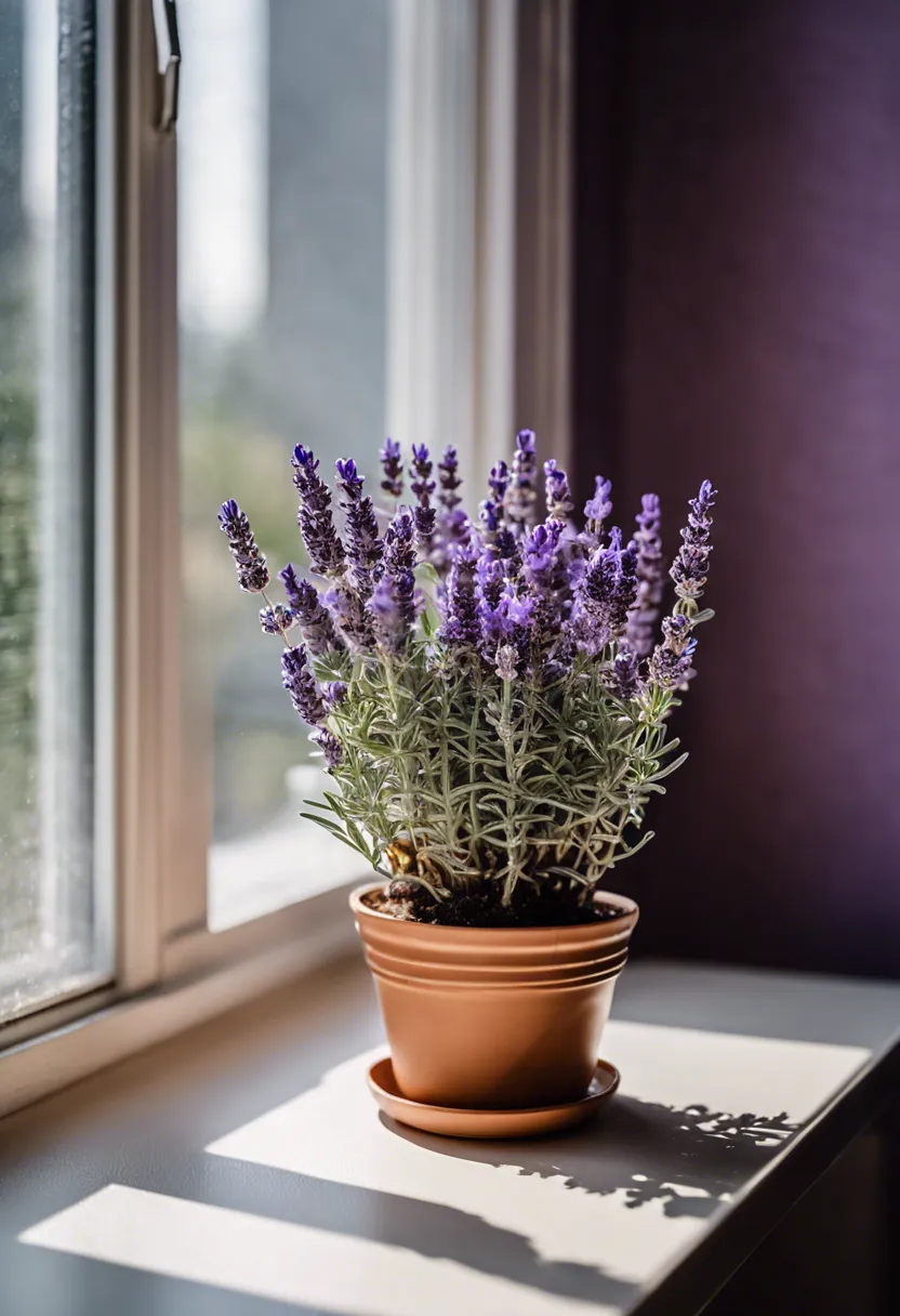 "A vibrant lavender plant with purple flowers near a bright window, with a humidifier and thermostat in the room."