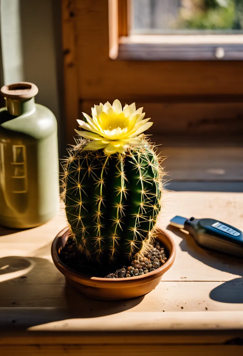 "Cactus with yellow patches on a wooden table, surrounded by gardening tools, cactus fertilizer, and a moisture meter."