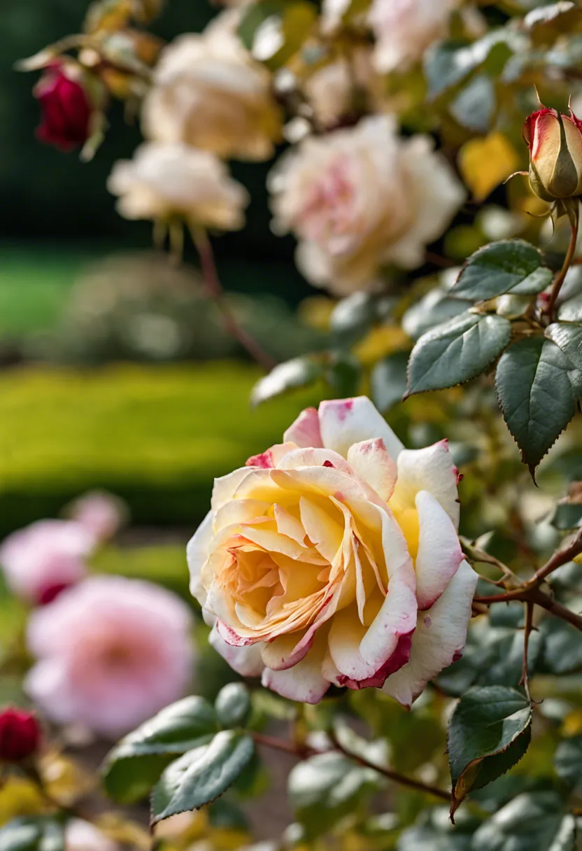"Close-up of a wilting rose bush with a magnifying glass highlighting one rose, garden tools, soil testing kit, and plant disease guidebook in the background."