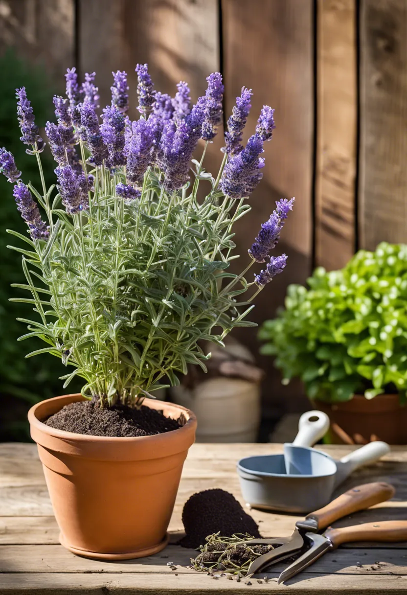 "Lavender 'Hidcote' plant in a terracotta pot on a wooden table, surrounded by gardening tools and gravel, with a garden backdrop."