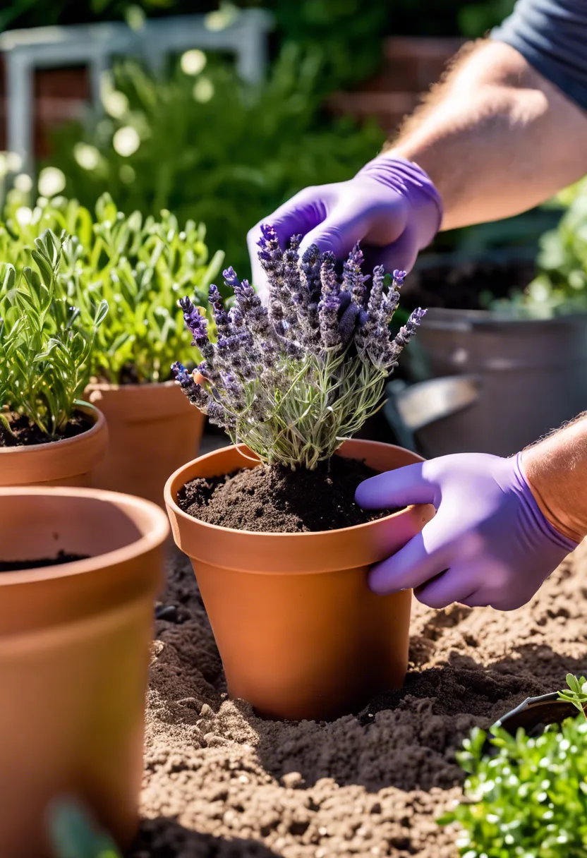 "Gardening-gloved hands delicately lifting a lavender plant from its pot, ready for transplanting into a larger one, in an outdoor garden setting."