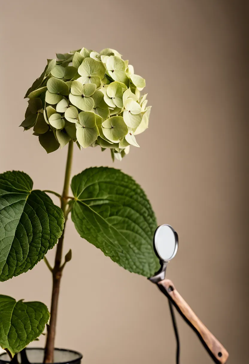 "Close-up of a distressed hydrangea plant with wilted leaves and no blooms, magnifying glass inspecting it, soil testing tools and care guidebook nearby."