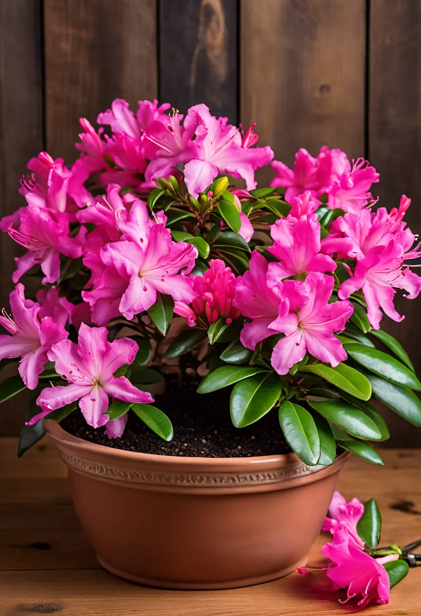 "A vibrant pink Azalea plant in a ceramic pot on a wooden table, surrounded by a spray bottle, pruning shears, and acidic soil."