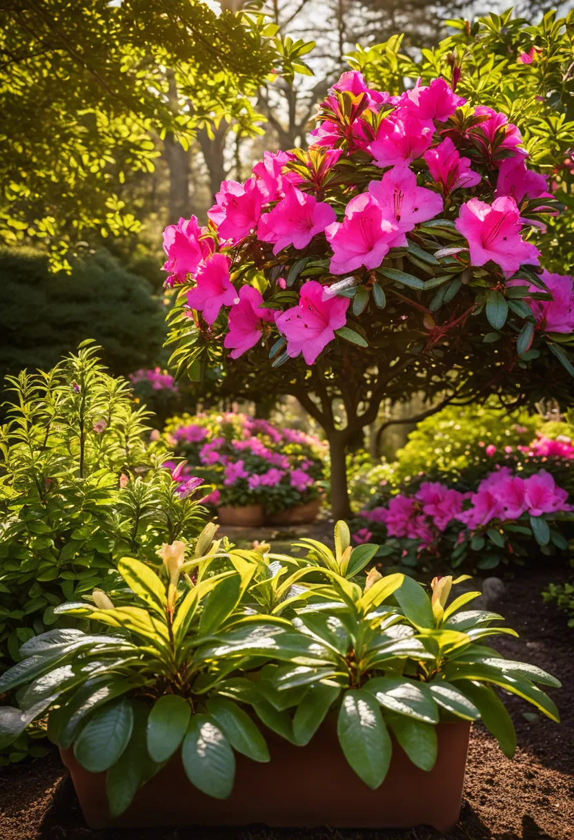 "Vibrant azalea bush thriving in a shaded garden, with sunlight dappling the blooms, a thermometer and soil pH test kit nearby."