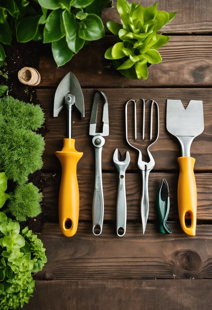 "Assortment of clean, well-maintained gardening tools on a wooden table, set against a lush garden backdrop."