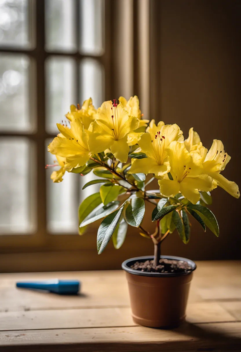 "Yellowing azalea plant on a wooden table with gardening tools and nutrient supplements, indicating plant care."