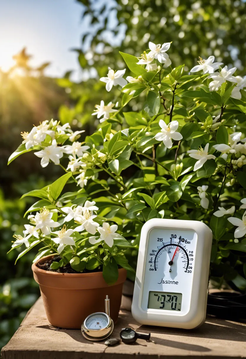 "A jasmine plant with few flowers, surrounded by a thermometer, hygrometer, and sunlight meter indicating varying environmental conditions."