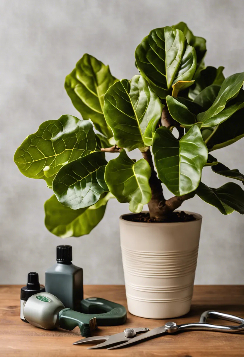 "Wilting fiddle-leaf fig plant on a wooden table, surrounded by plant care tools and products for revival."