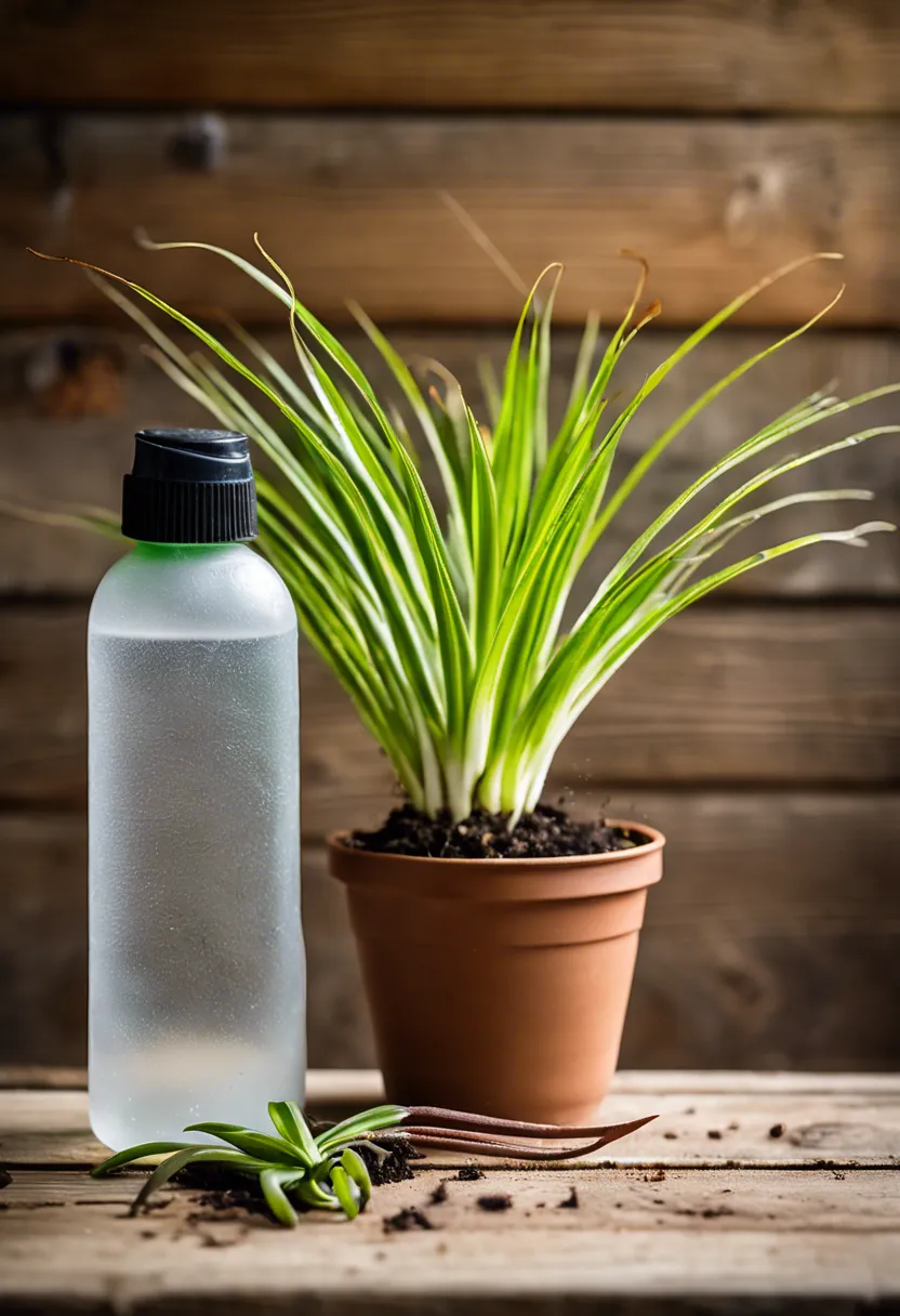 "Wilting spider plant with brown tips on a wooden table, surrounded by gardening tools, gloves, fertilizer, and fresh soil."