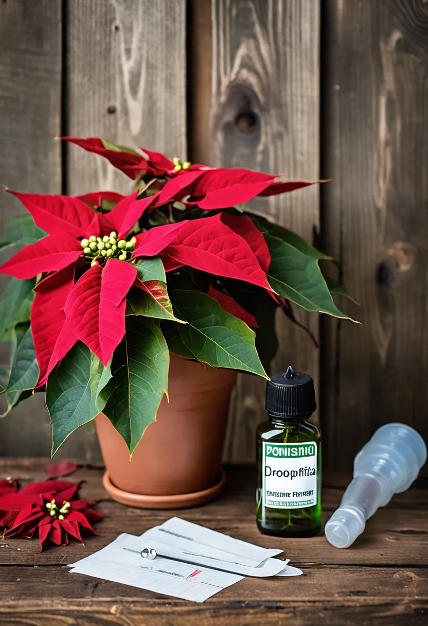 "A wilting poinsettia on a table, surrounded by a moisture meter, magnifying glass, and organic fertilizer."