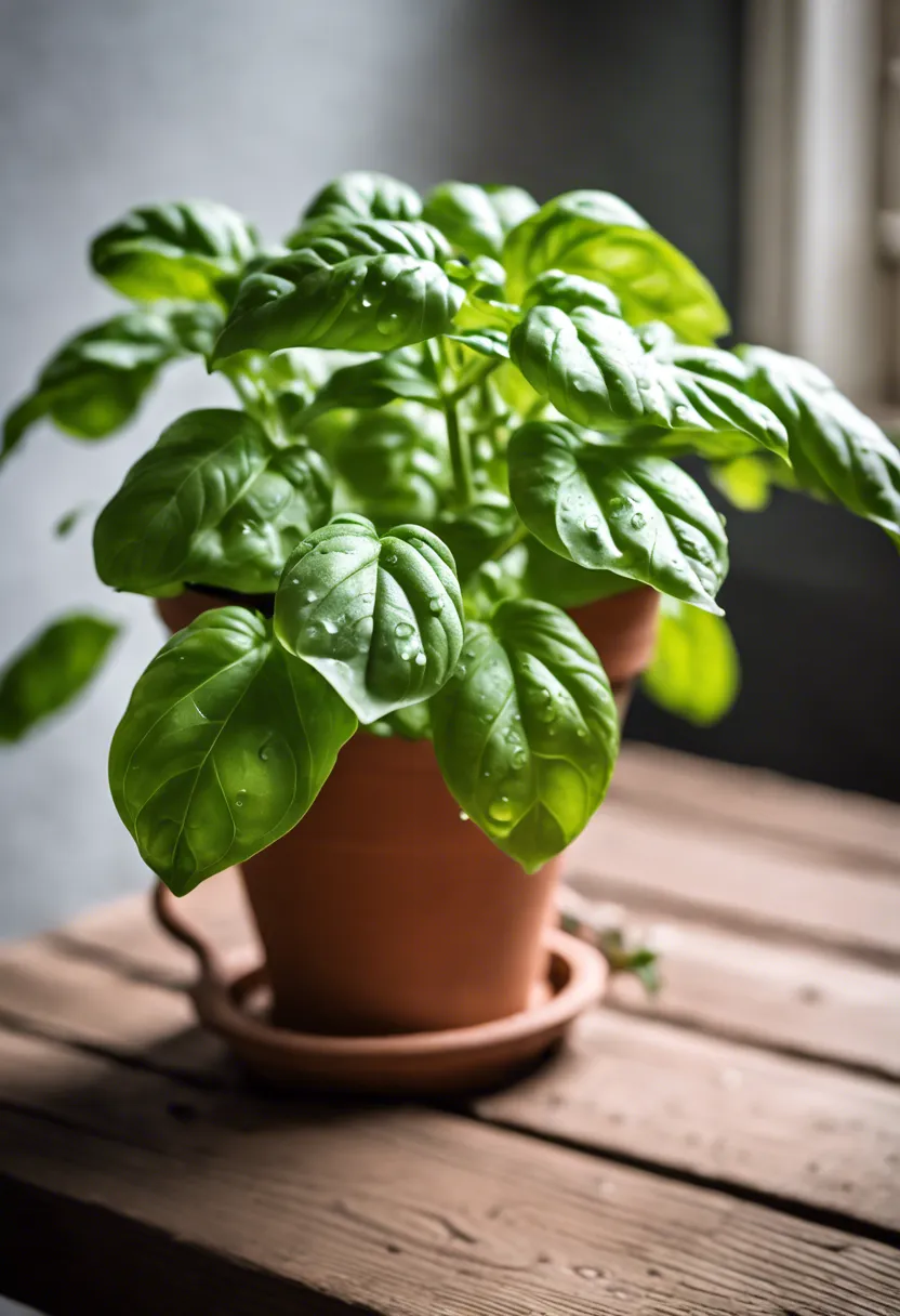 "Close-up of a healthy basil plant in a terracotta pot on a wooden surface, with water droplets on leaves and a watering can nearby."