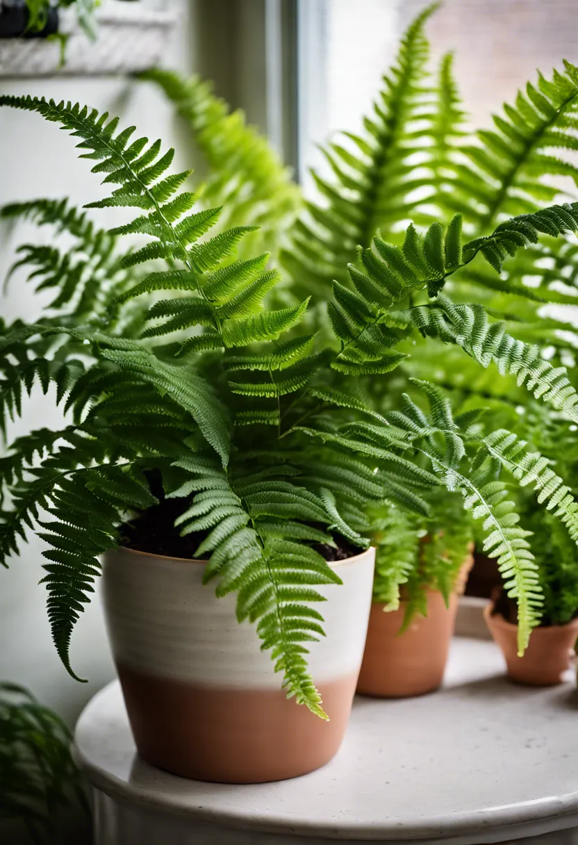"Close-up of a vibrant Kimberly Queen Fern in a ceramic pot, surrounded by overwintering supplies like a humidifier and thermometer."