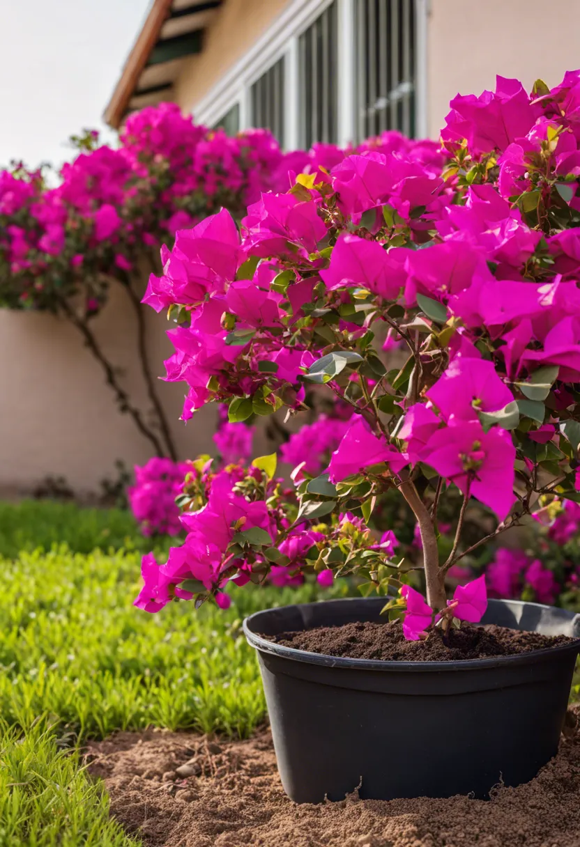 "Bougainvillea plant with sparse blooms and dull leaves in dry soil, with a pH test kit and compost nearby."