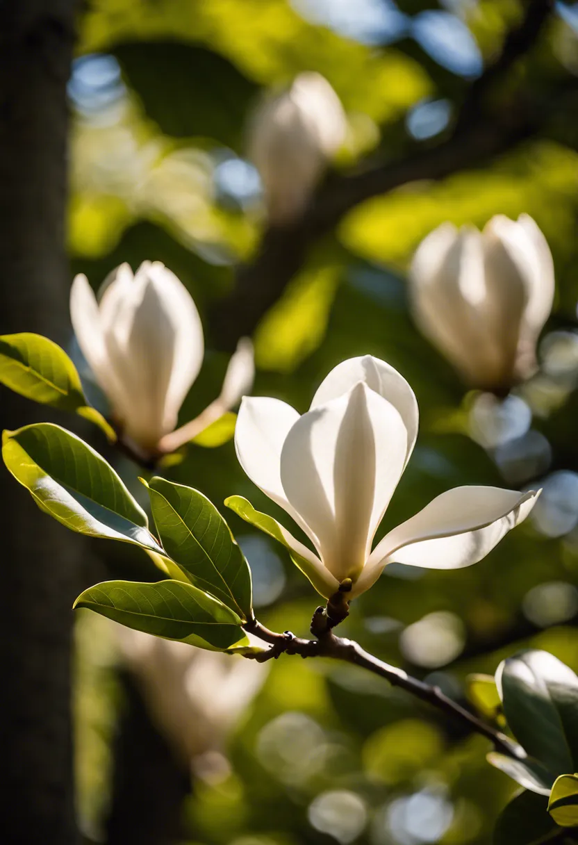 "Close-up of a blooming Magnolia Tripetala tree with umbrella-like leaves and large flowers, against a soft-focus forest backdrop."