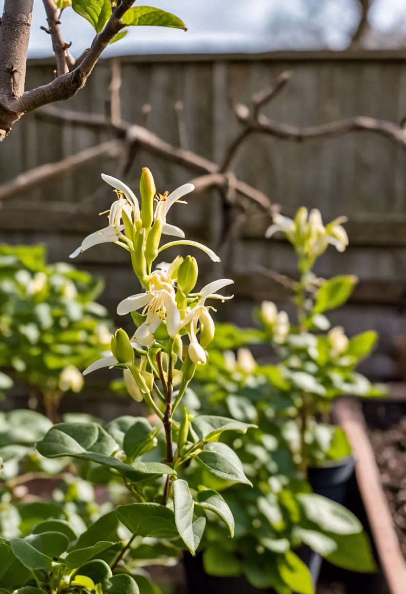 "Honeysuckle plant in a garden, showing contrast between blooming and non-blooming sections, with pruning shears on the ground."