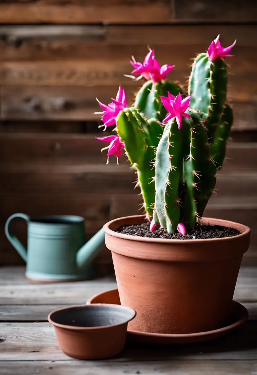 "Christmas cactus with vibrant blooms and wilted sections in a dry terracotta pot on a rustic table, watering can nearby."