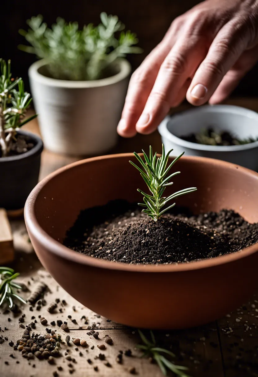 "Close-up of hands preparing potting mix in a bowl with compost, perlite, and peat moss on a table, next to a rosemary plant."
