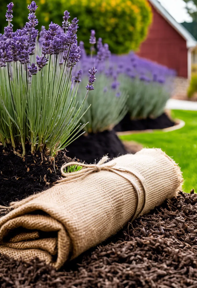 "Mature lavender bush wrapped in burlap with mulch at its base, prepared for winter, surrounded by gardening tools."